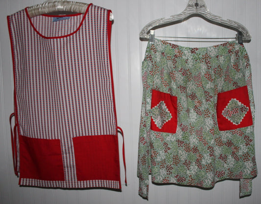 Kitchen 2 Aprons Vintage Green Print Cotton Angelica Tie Side Wear or Pattern Use