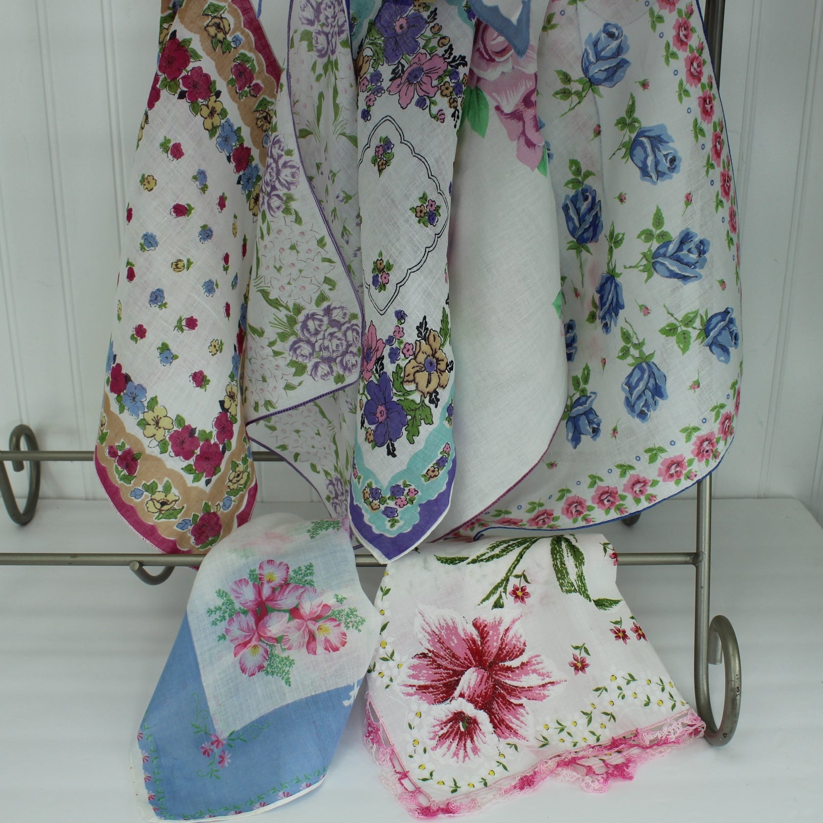 Lot 11 Handkerchiefs Floral Theme MCM Handkerchief Box DIY Clothing Crafts portion of hankies closeup