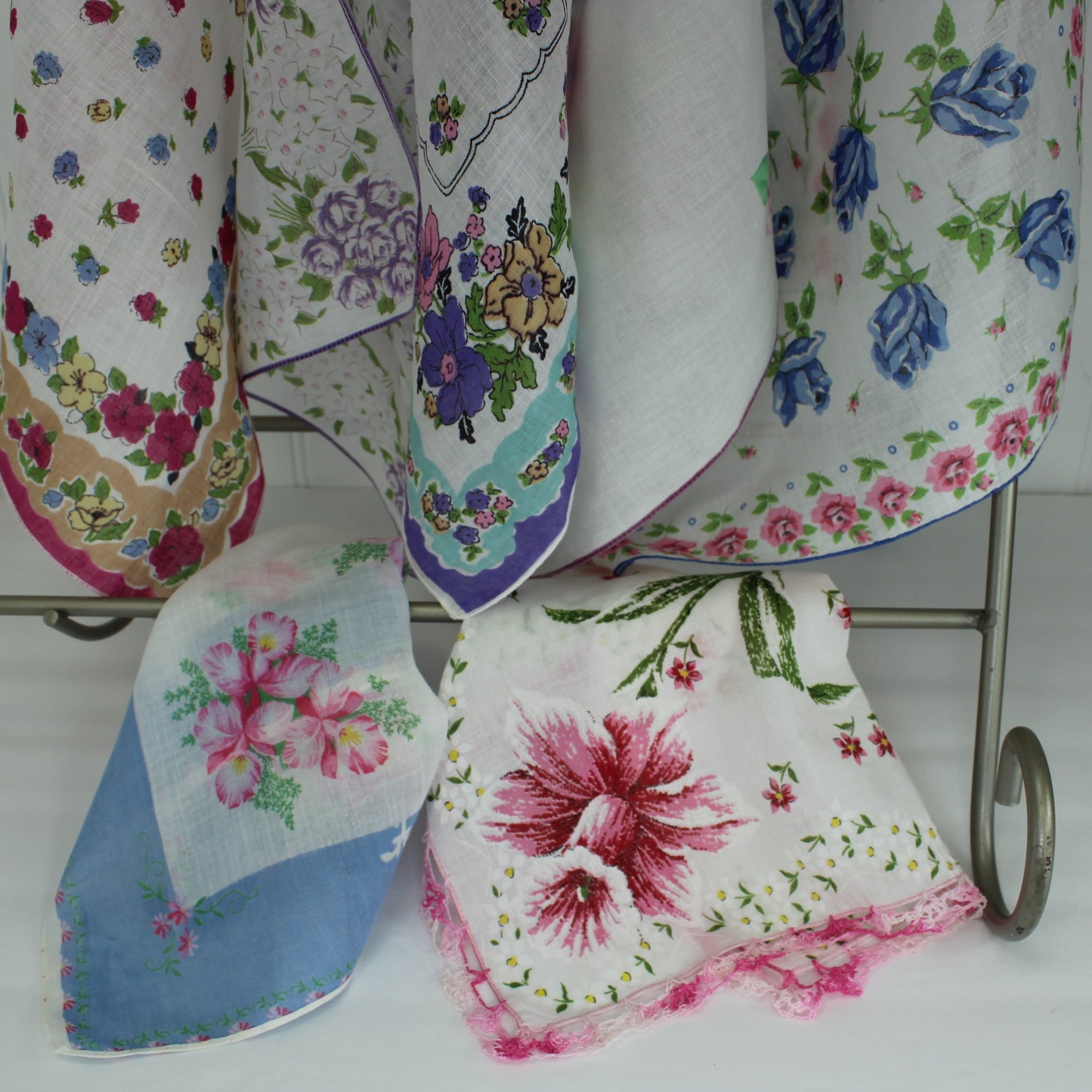 Lot 11 Handkerchiefs Floral Theme MCM Handkerchief Box DIY Clothing Crafts closeup of some hankies in lot