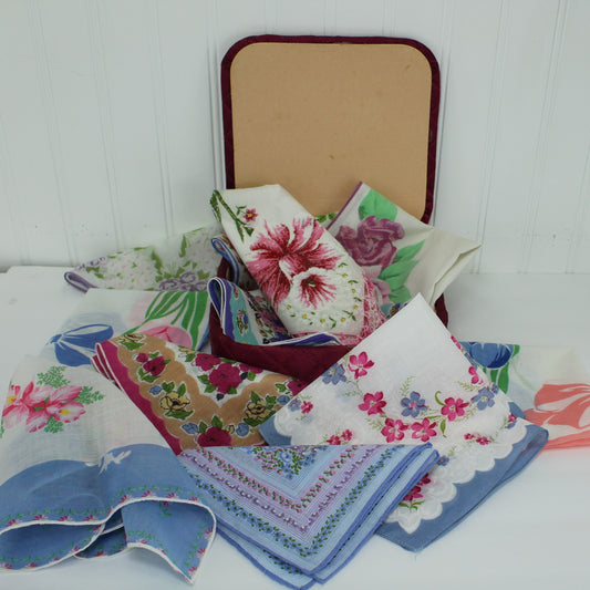 Lot 11 Handkerchiefs Floral Theme MCM Handkerchief Box DIY Clothing Crafts