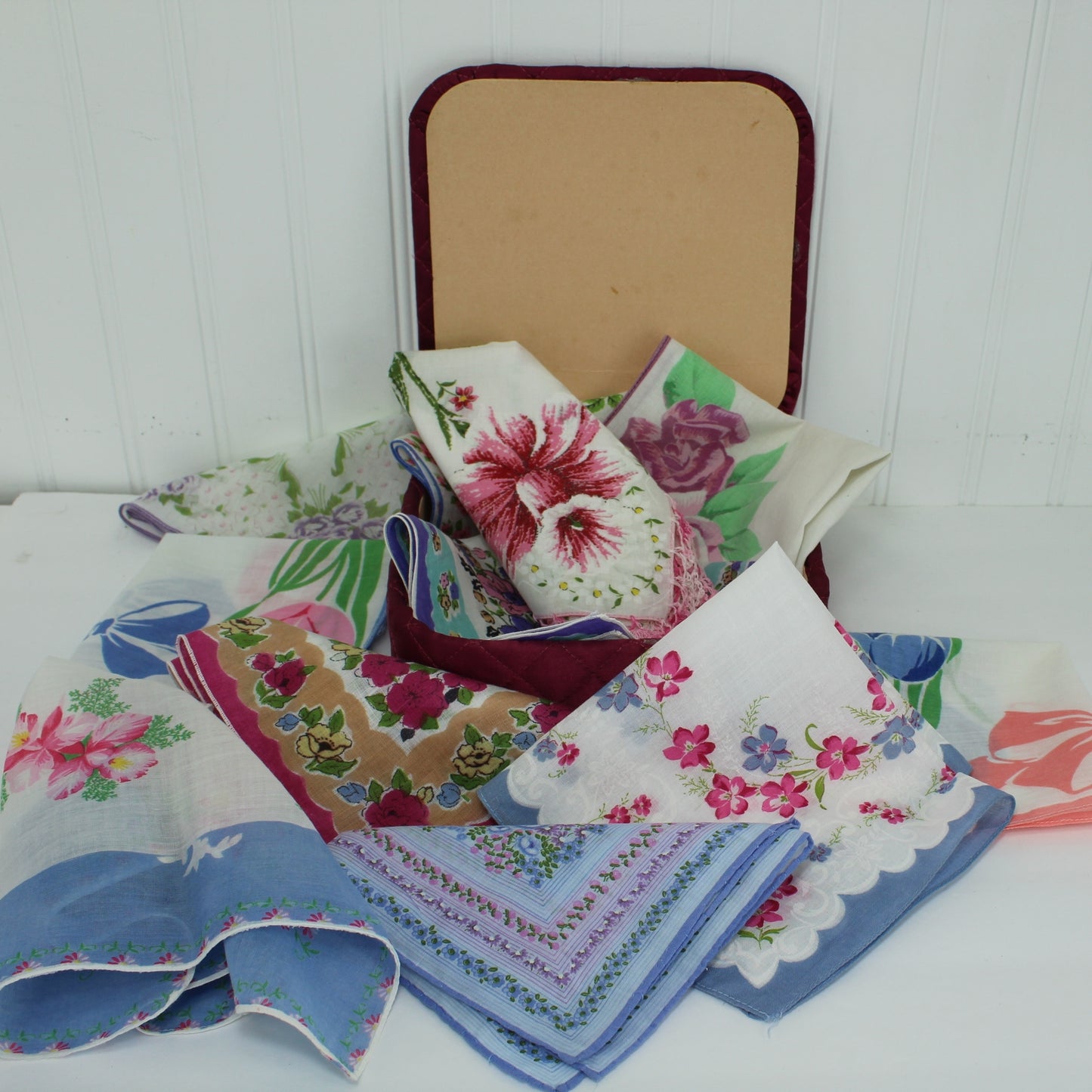 Lot 11 Handkerchiefs Floral Theme MCM Handkerchief Box DIY Clothing Crafts