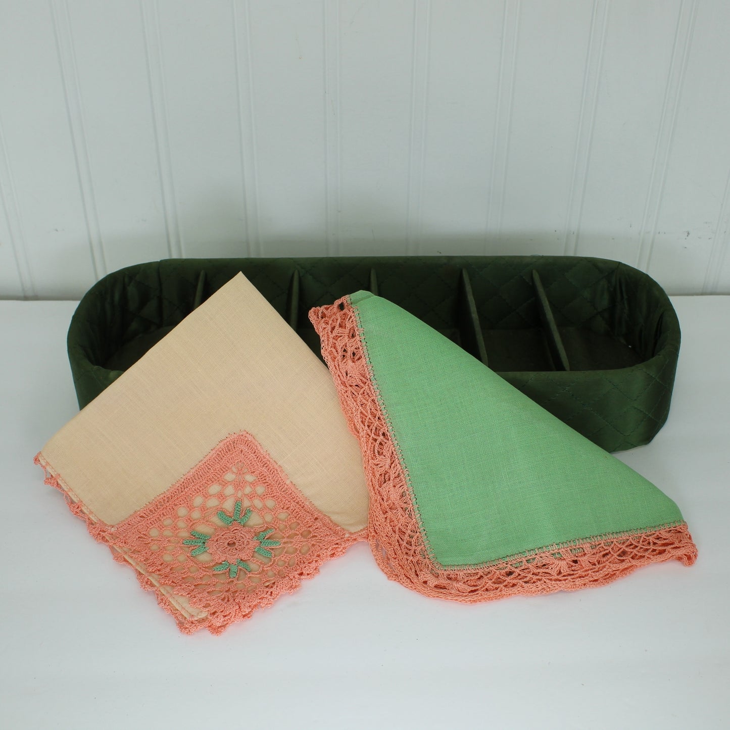 Peach Green Vintage New Linen Handkerchiefs Crochet Decor Use or DIY Clothing Repurpose Crafts