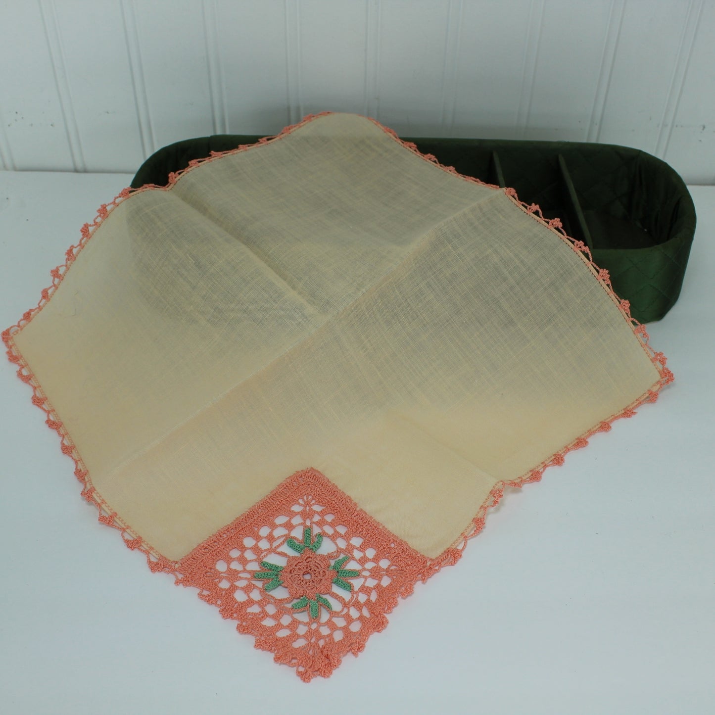 Peach Green Vintage New Linen Handkerchiefs Crochet Decor Use or DIY Clothing Repurpose Crafts lush colors matching edges