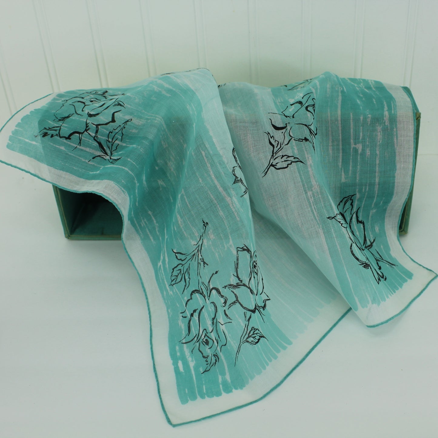 Collection 3 Handkerchiefs Deco Tat Edge Use or DIY Clothing Repurpose Crafts large lovely color aqua with roses
