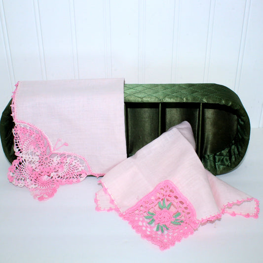 Pair 2 Handkerchiefs Crochet Corner Butterfly Rose Use or DIY Clothing Repurpose Crafts