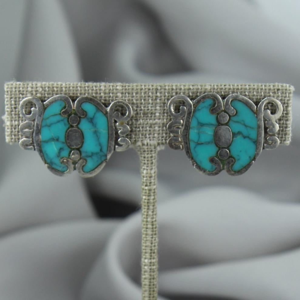 VintageTurquoise Earrings Sterling MR 580 Eagle 3 Flat Inlay Screw Finding