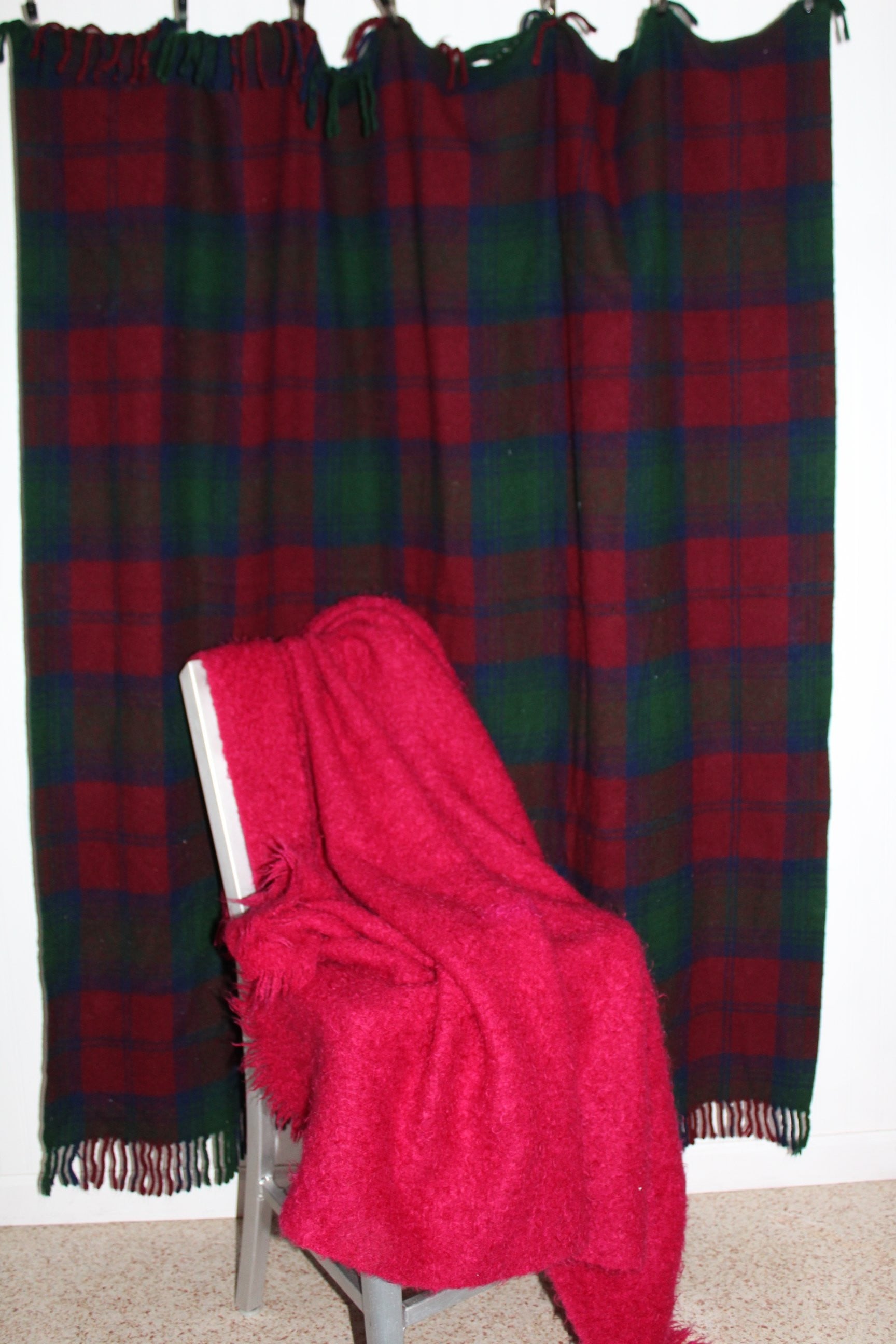 Vintage Special 2 Blankets Mohair Fuchsia Wool Plaid Purple Teal Use or DIY Project sale