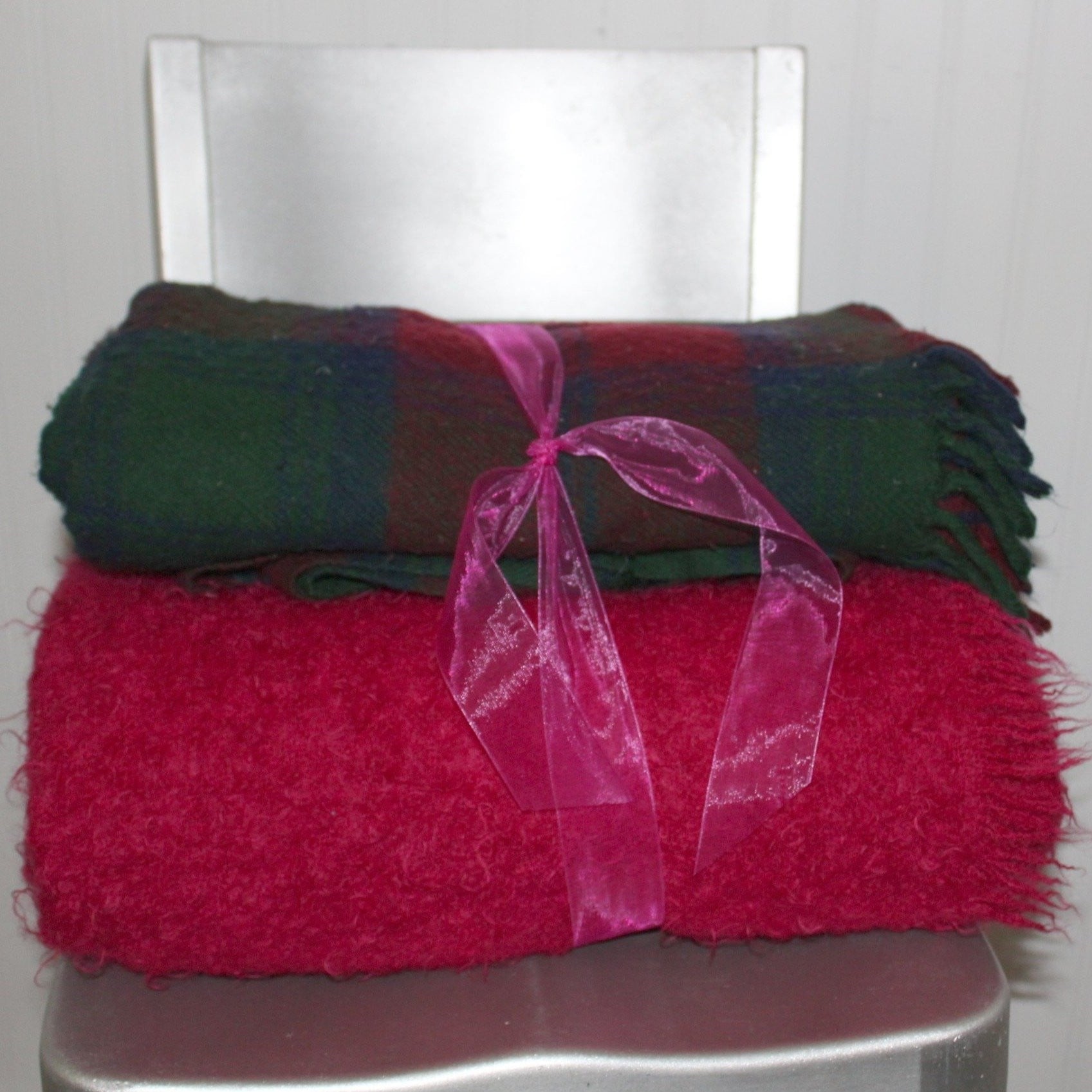 Special 2 Blankets Mohair Fuchsia Wool Plaid Purple Teal Use or DIY Project