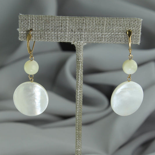 Mother Pearl Earrings 14K Gold on Sterling GST Dangle Drop Ball Disc Leverback