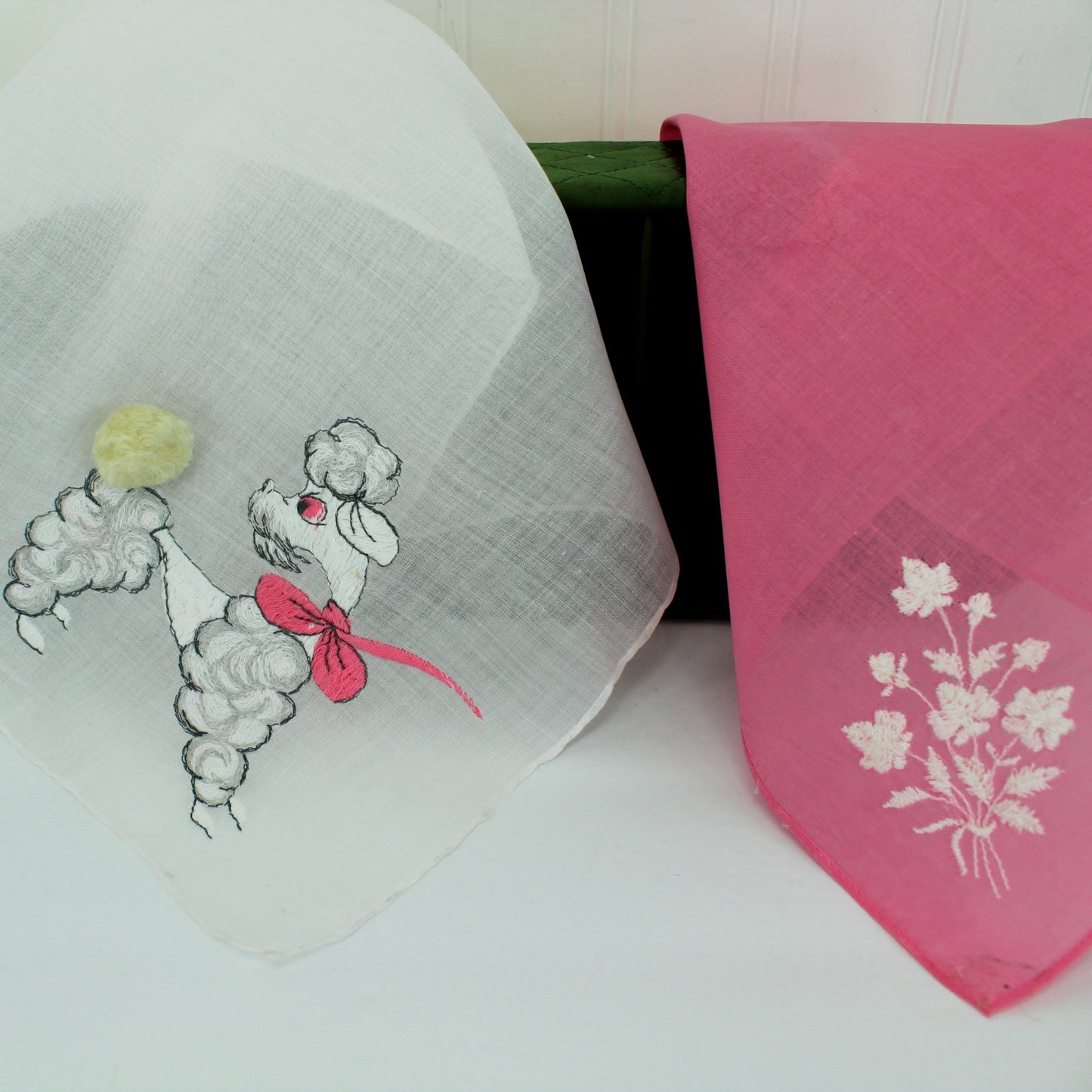 Collection 2 Handkerchiefs 1950s Poodle Pom Pom Tail Rolled Hem Coordinating Pink closeup of design both handkerchiefs