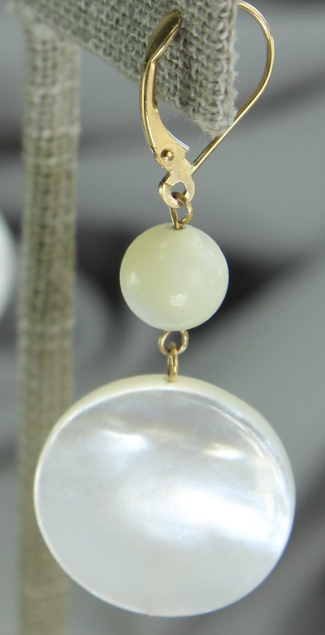 Mother Pearl Earrings 14K Gold on Sterling GST Dangle Drop Ball Disc Leverback rare