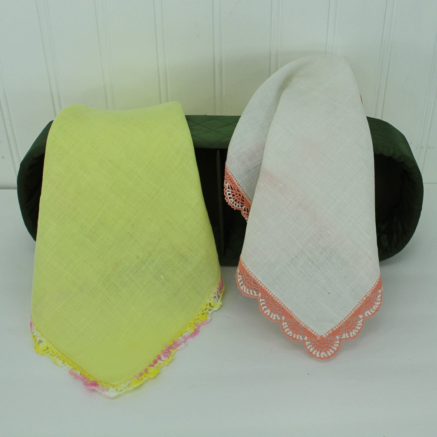 Collection 2 Handkerchiefs Hand Made Edges Salmon White Yellow