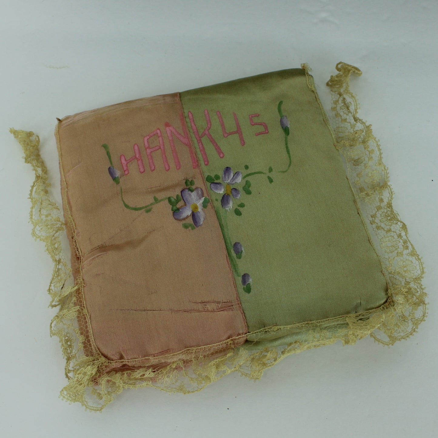 Collection Antique Vintage Hand Sewn Painted Satin Handkerchief Holder Taffeta Sachet DIY Patterns closeup hanky holder