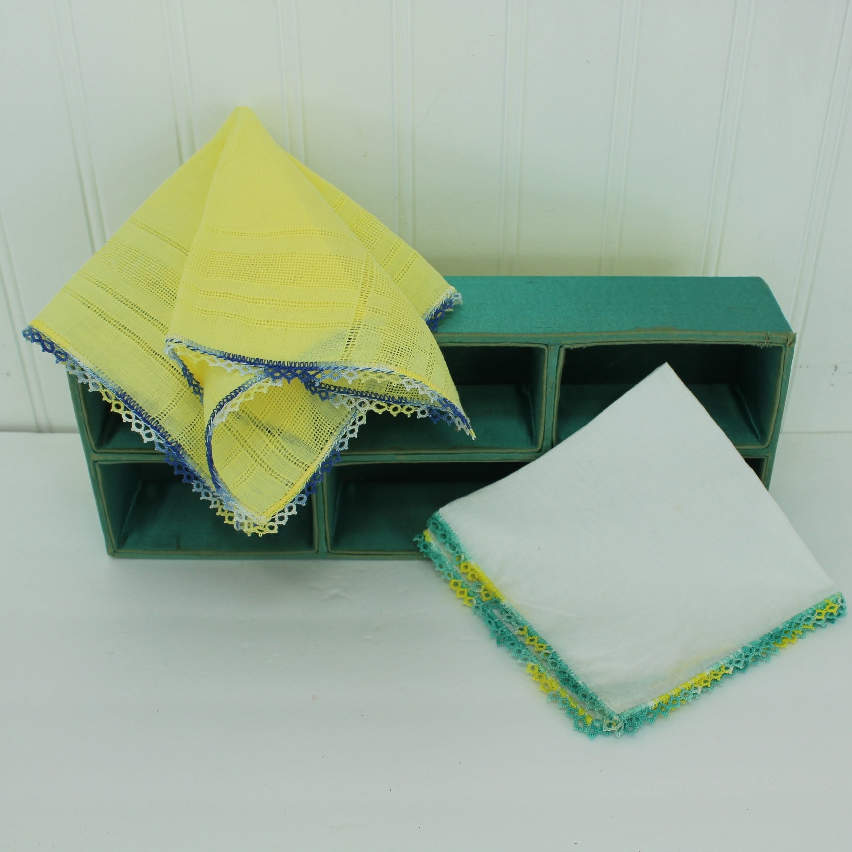 Collection 2 Handkerchiefs Hand Made Tatted Edges Yellow Blue Aqua