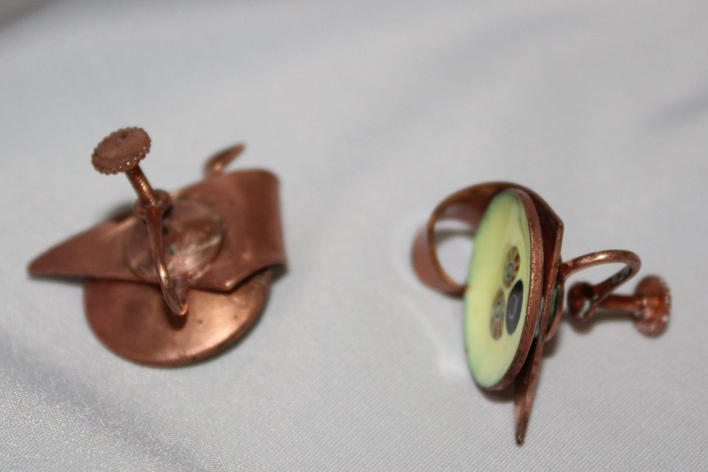 Vintage Spiral Earrings Copper Enamel Screw Style Mid Century Modernist Rare Design unusual