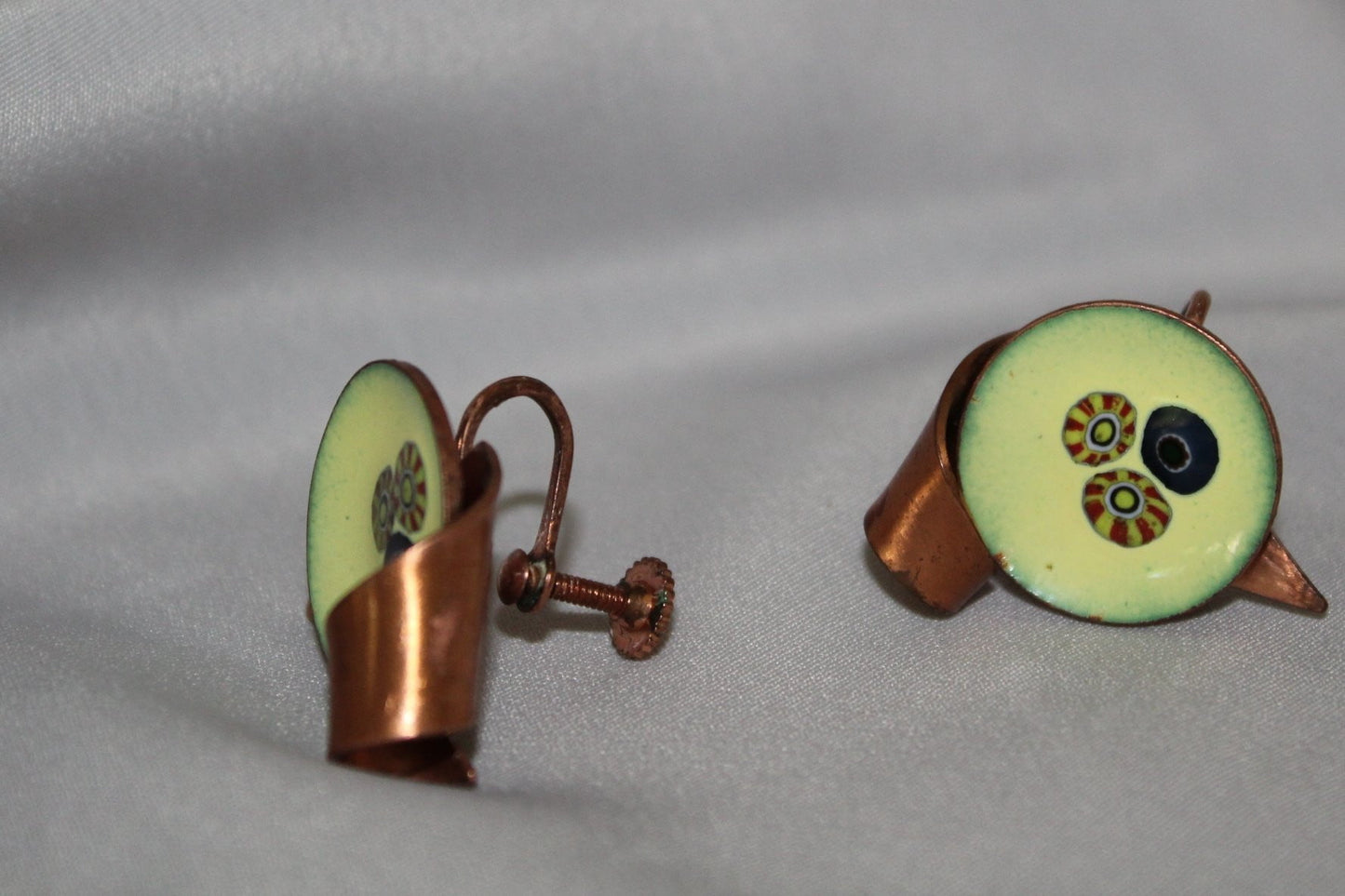 Vintage Spiral Earrings Copper Enamel Screw Style Mid Century Modernist Rare Design yellow