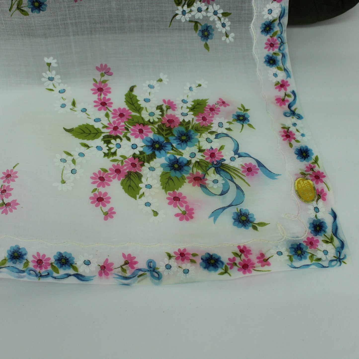Floral Handkerchief Vintage New Switzerland Linen Handkerchief Pastel Wedding corner floral ribbon tie bouquet