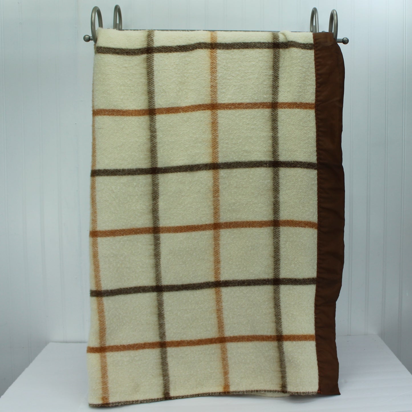 Unbranded Acrylic Blanket Cream Shades of Brown Block Design - 70" X 86" folded view showing pattern