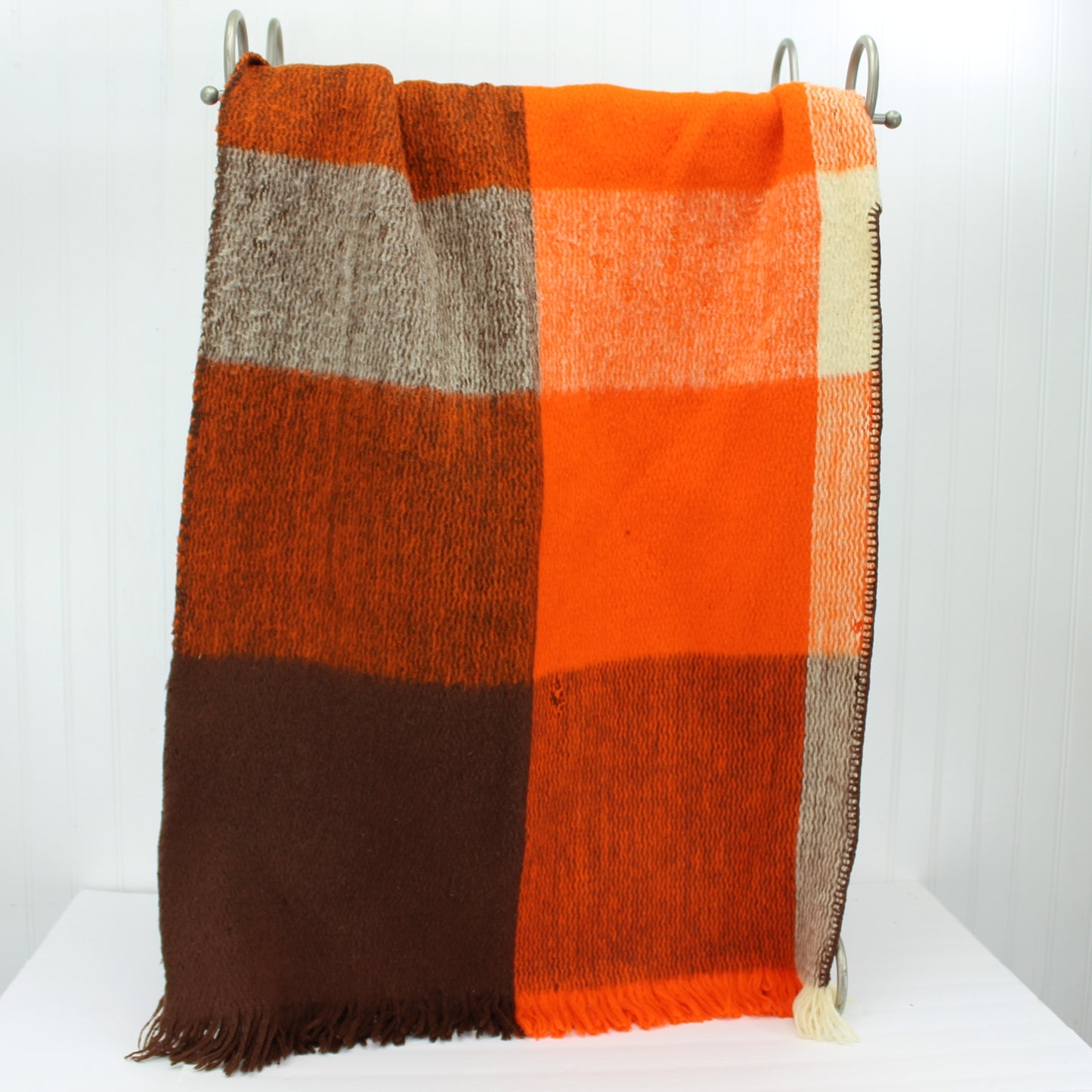 Ruana Shawl Andes Style Wool Orange Cream Brown Usable or Cutter folded view of ruana