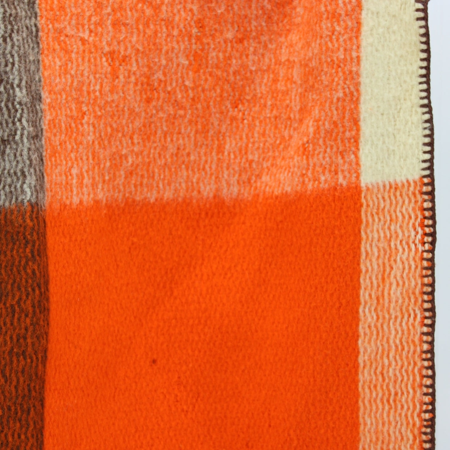 Ruana Shawl Andes Style Wool Orange Cream Brown Usable or Cutter close view showing small damage example hole