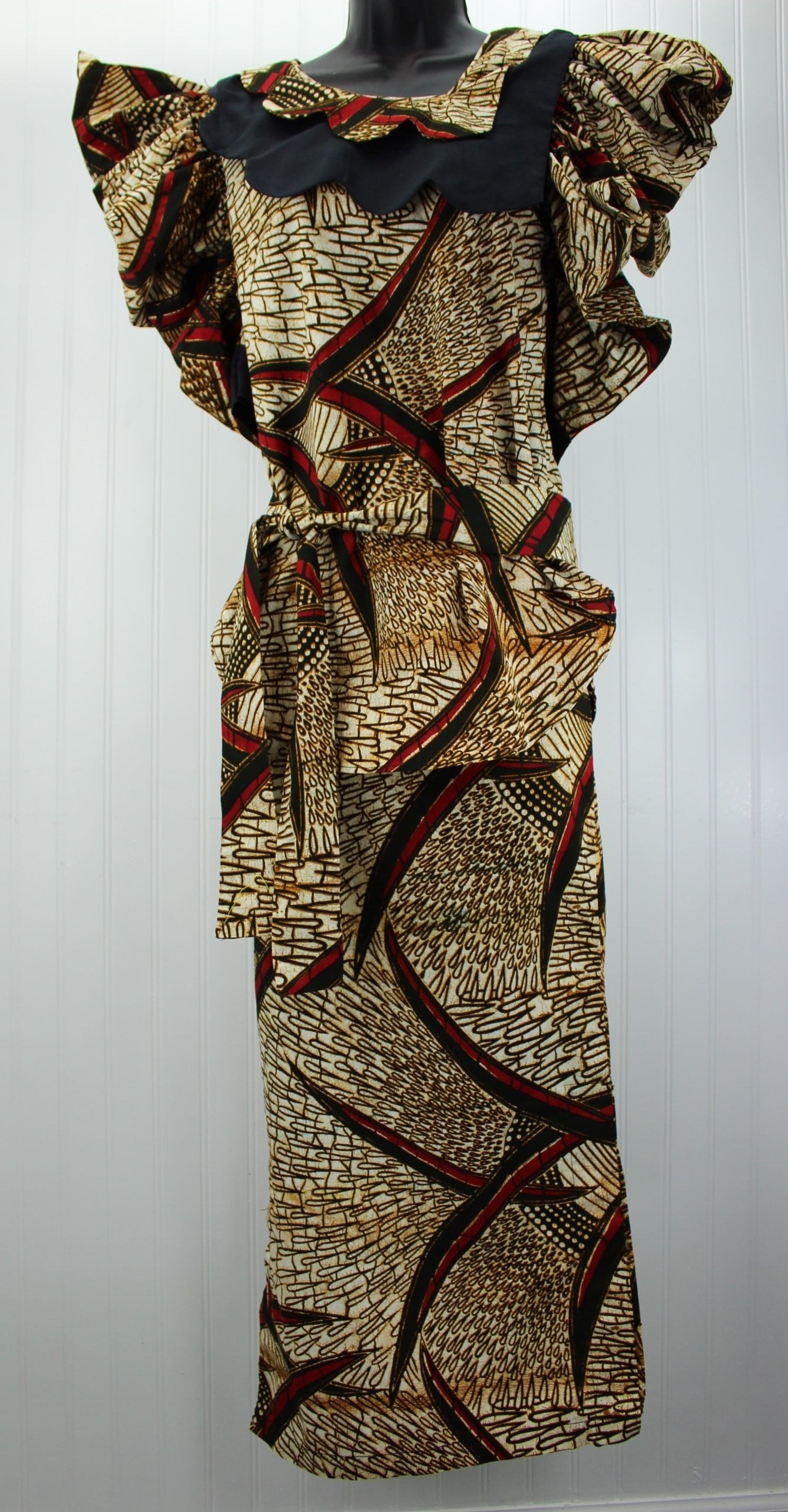 Vintage 1980s West Africa Dress Cotton Batik 2 Piece Tie Belt Custom Queen's Shop Kno Nigeria small medium size