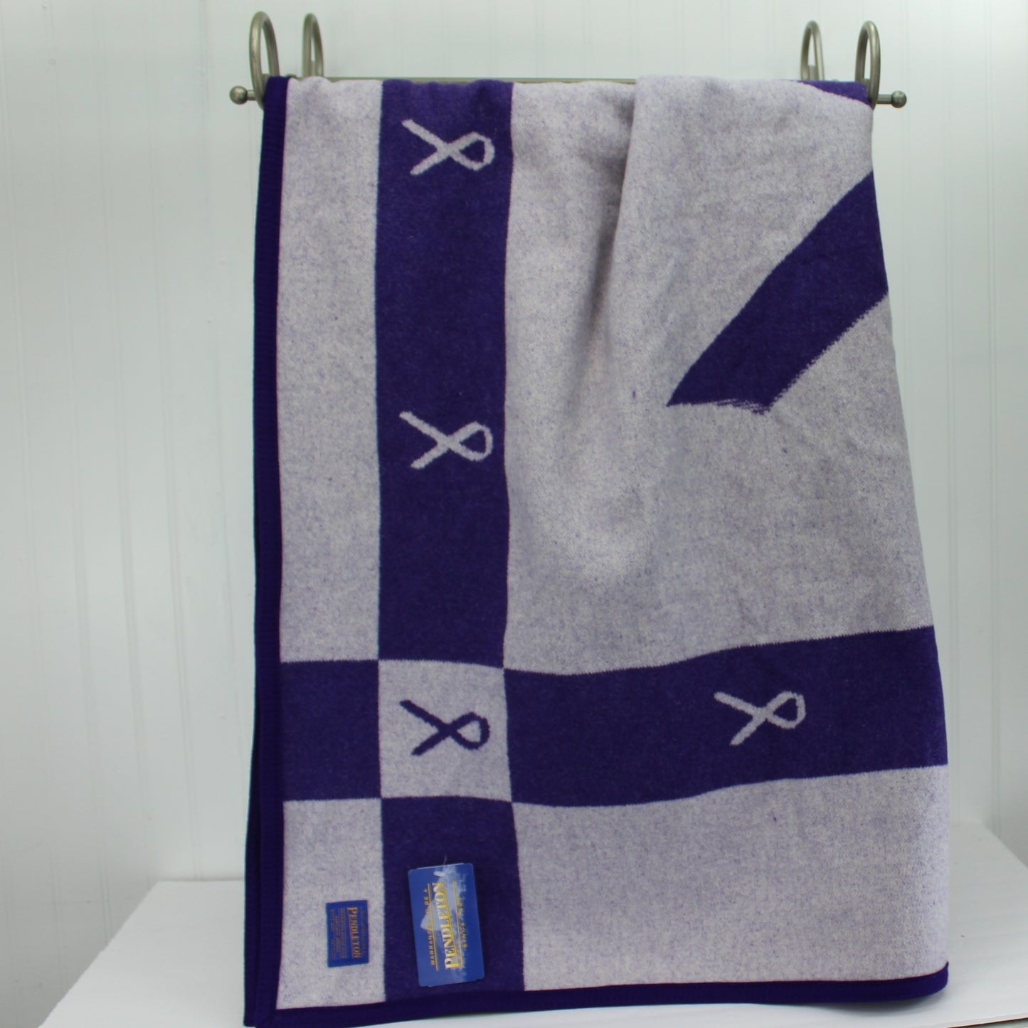 New With Tags Pendleton Wool Cotton Blanket Purple Ribbon Domestic Violence border of ribbons and center large ribbon woven design