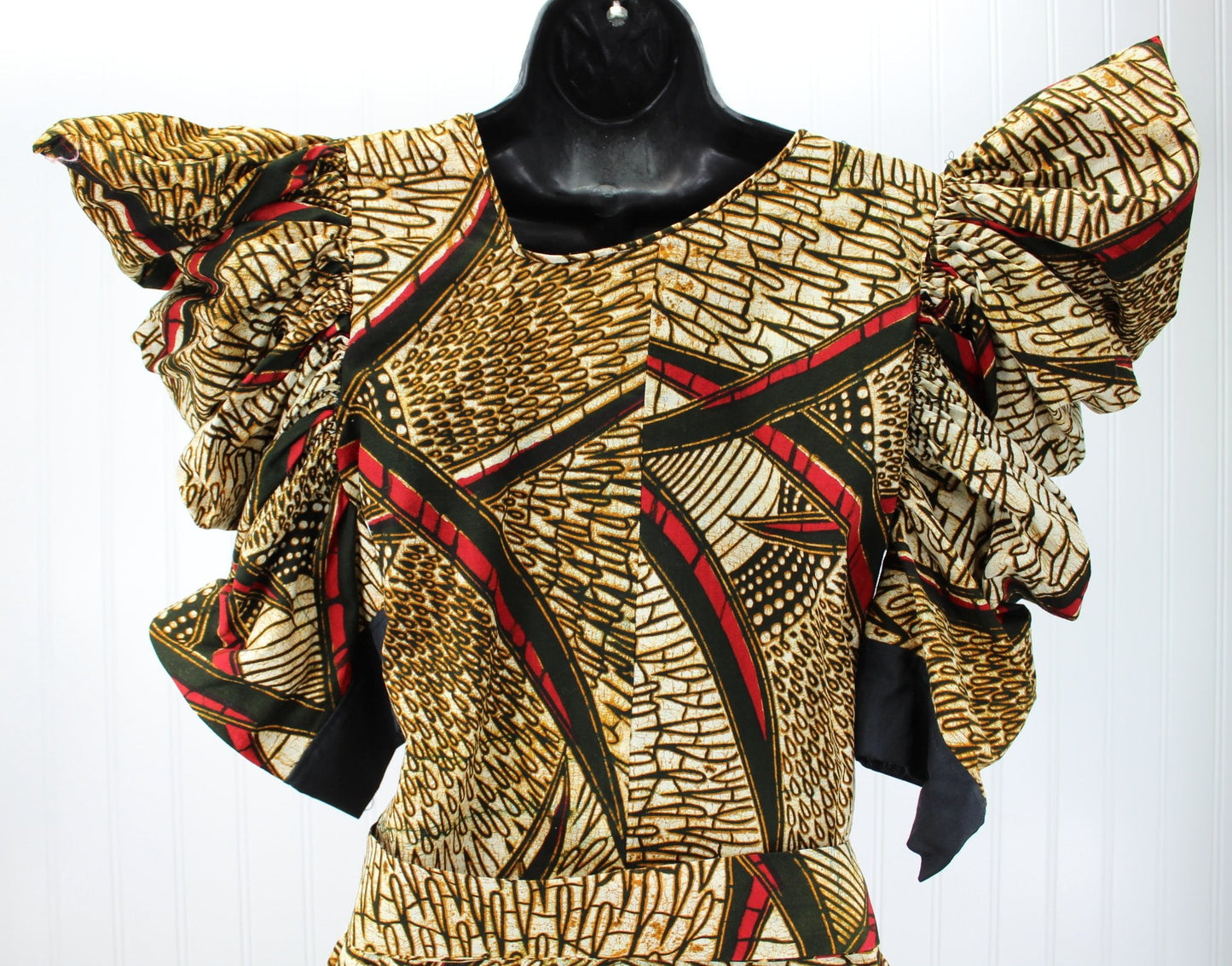 Vintage 1980s West Africa Dress Cotton Batik 2 Piece Tie Belt Custom Queen's Shop Kno Nigeria wonderful pouf sleeves