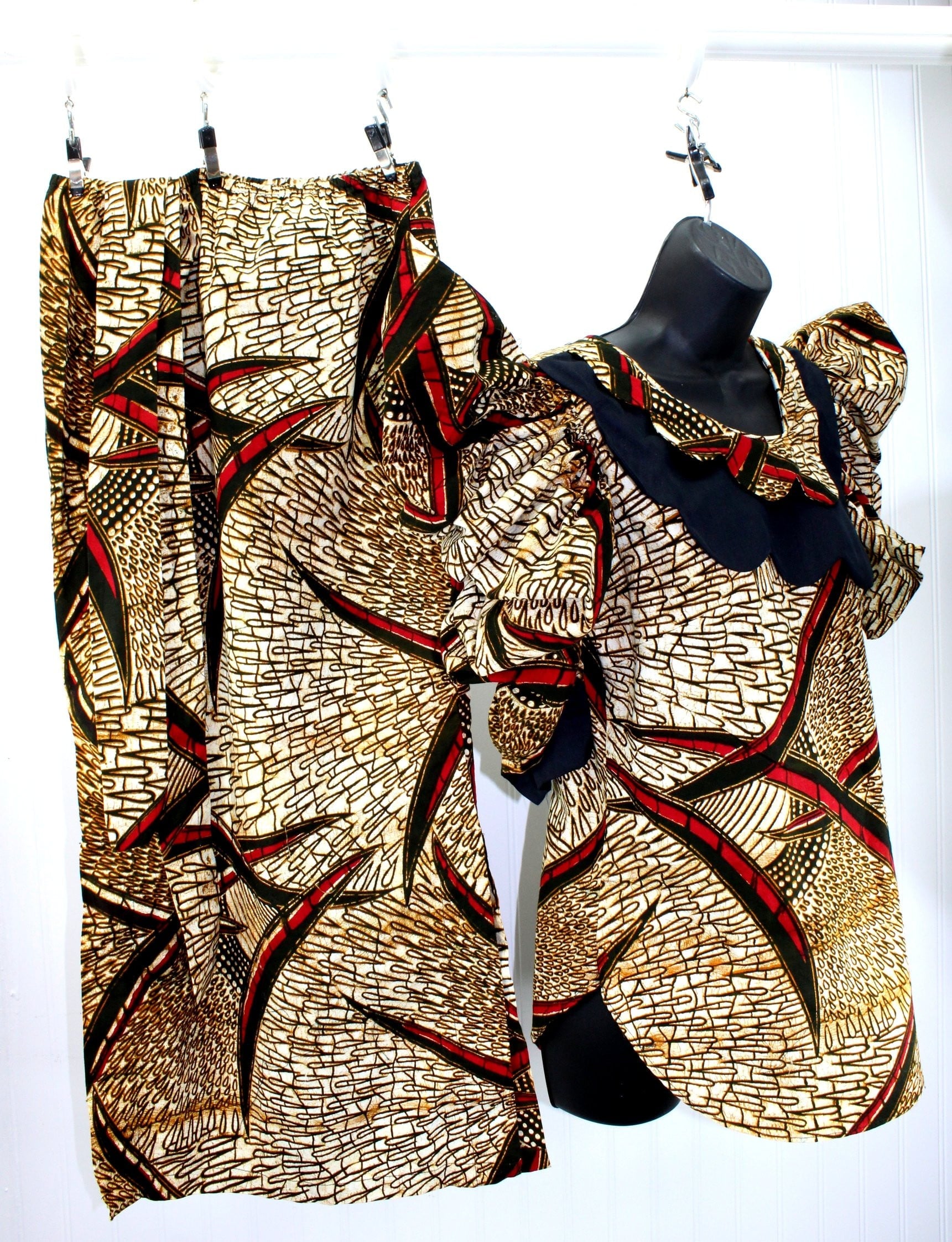 Vintage 1980s West Africa Dress Cotton Batik 2 Piece Tie Belt Custom Queen's Shop Kno Nigeria - Olde Kitchen & Home