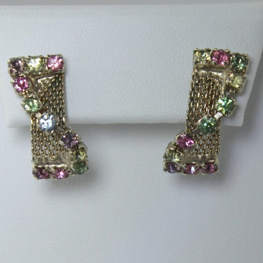 Vintage 1950s Earrings Woven Chain Jewel Tone Rhinestones Screw Finding