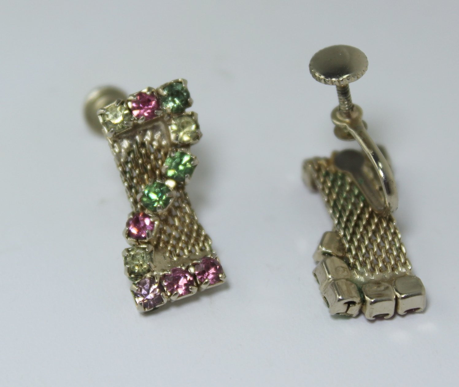 Vintage 1950s Earrings Woven Chain Jewel Tone Rhinestones Screw Finding pastel rhinestones