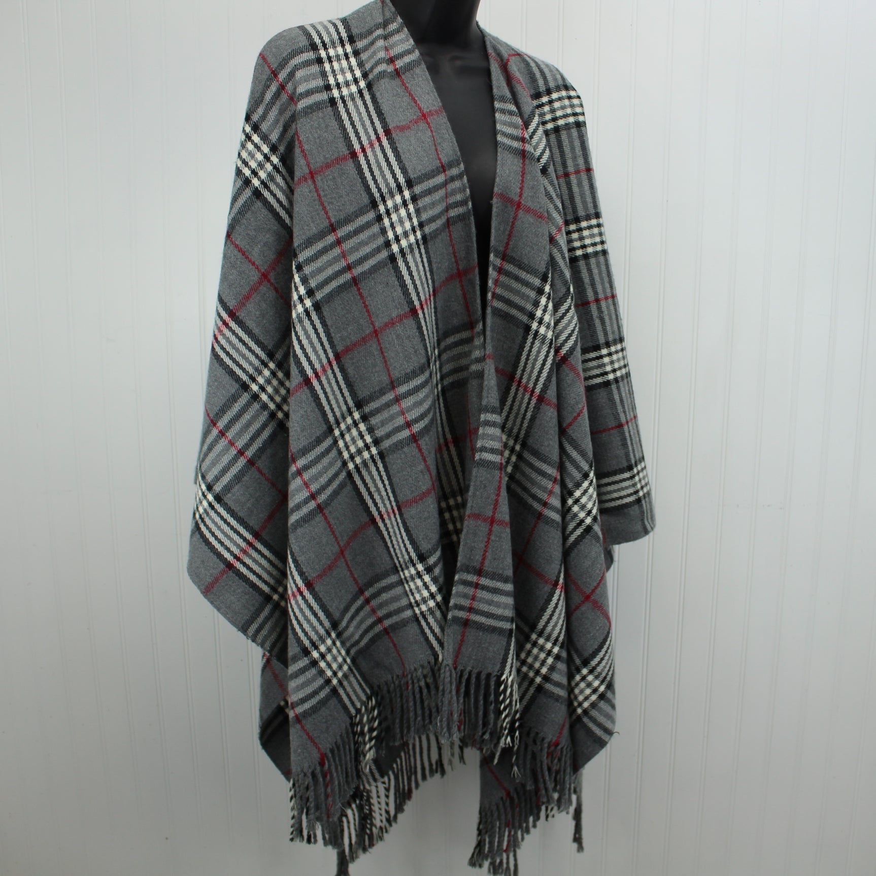 V Fraas Acrylic Ruana Shawl Classic Grey Black Cranberry Plaid – Olde ...