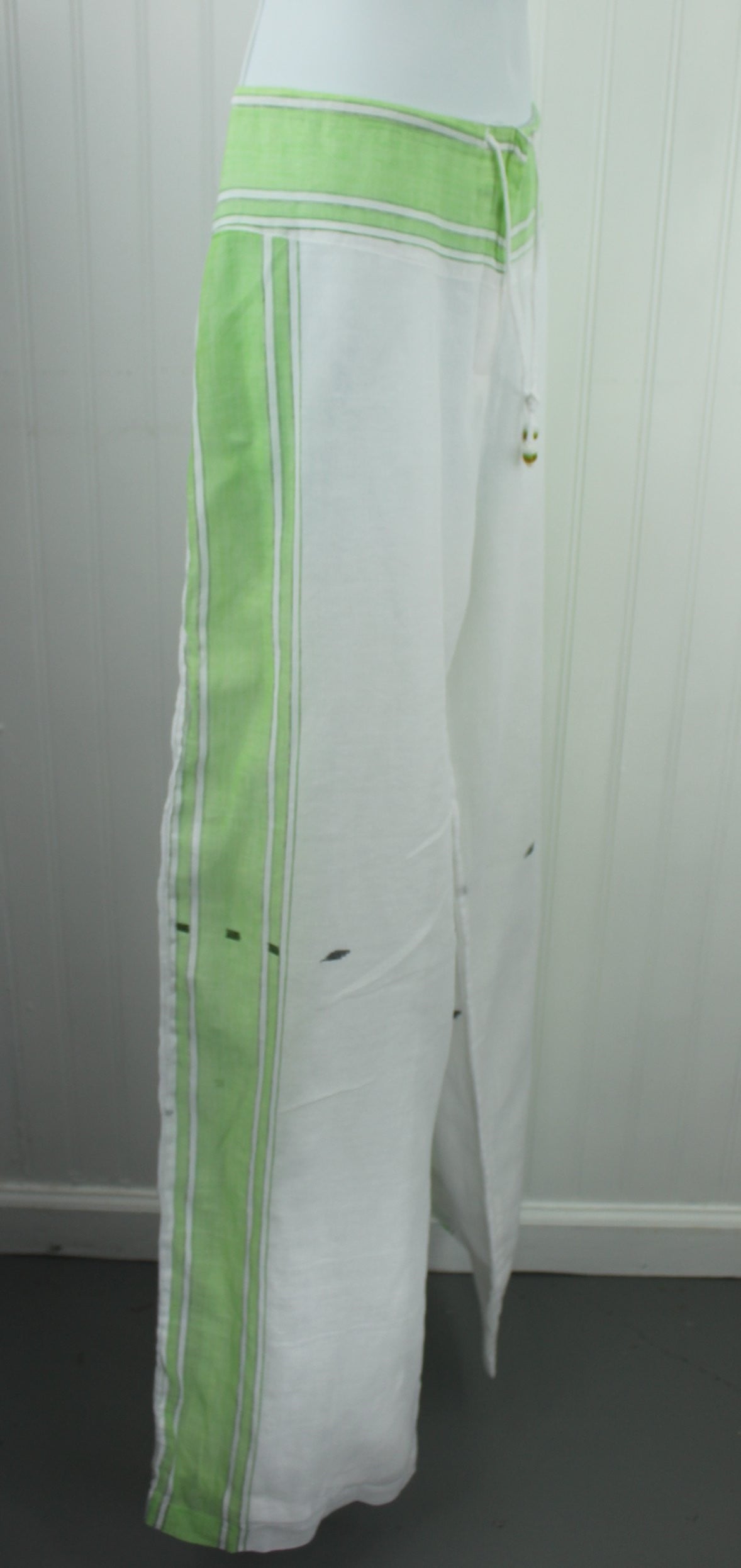 Paul Ropp Drawstring Pants Fully Lined Sheer 100% Light Cotton Size 14 grass green with stark white