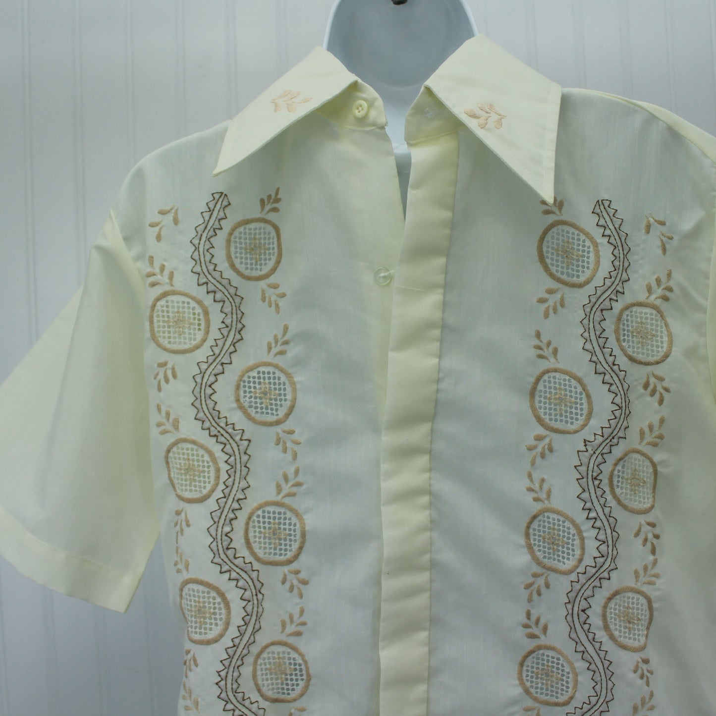 Older Filipino Baron Shirt Heavily Embroidered Pocket Front Placket Back All Gender closeup of front embroidery and collar