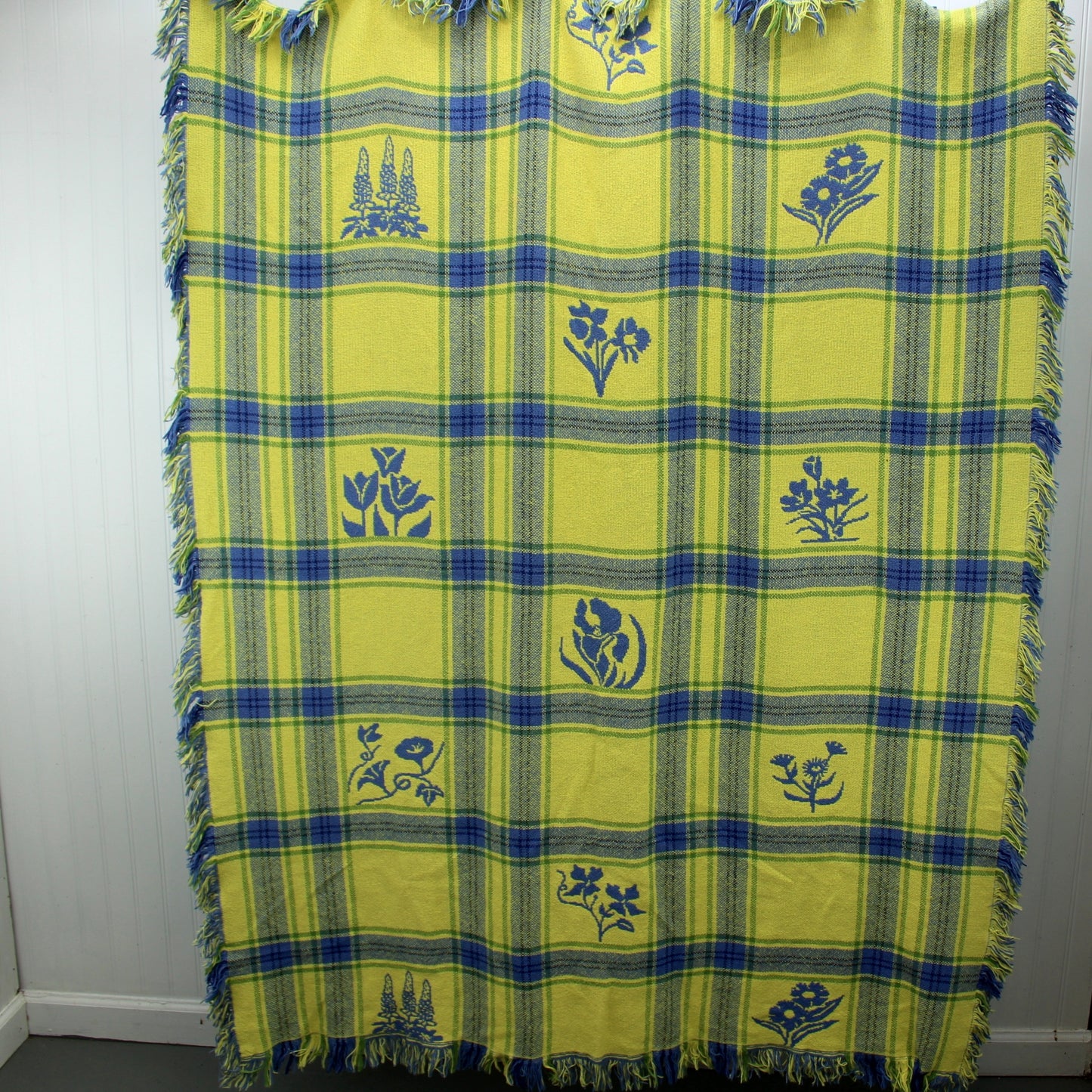 Cotton Throw Blanket Yellow Periwinkle Blue Plaid Squares Wildflowers yellow side full view