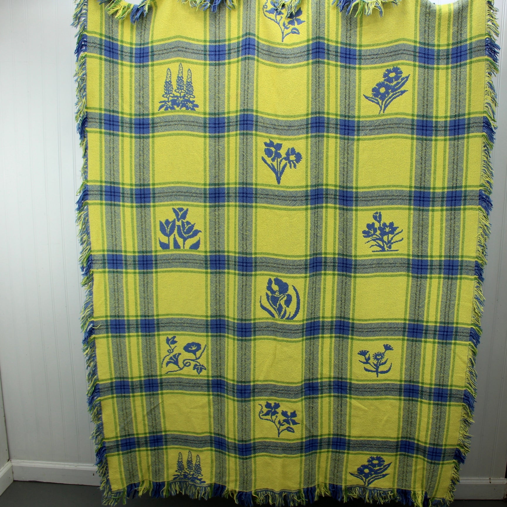 Cotton Throw Blanket Yellow Periwinkle Blue Plaid Squares Wildflowers yellow side full view