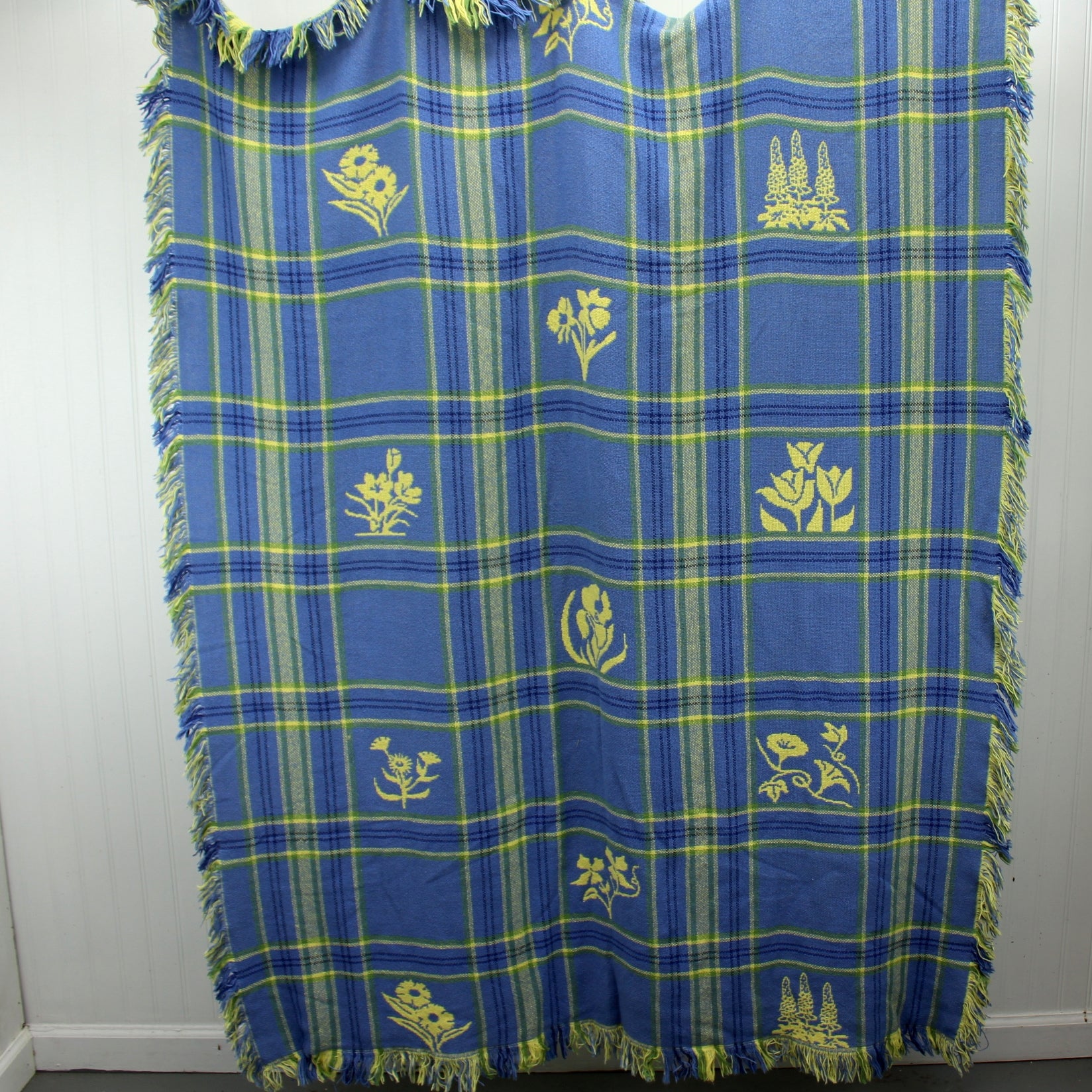 Cotton Throw Blanket Yellow Periwinkle Blue Plaid Squares Wildflowers full view blue side