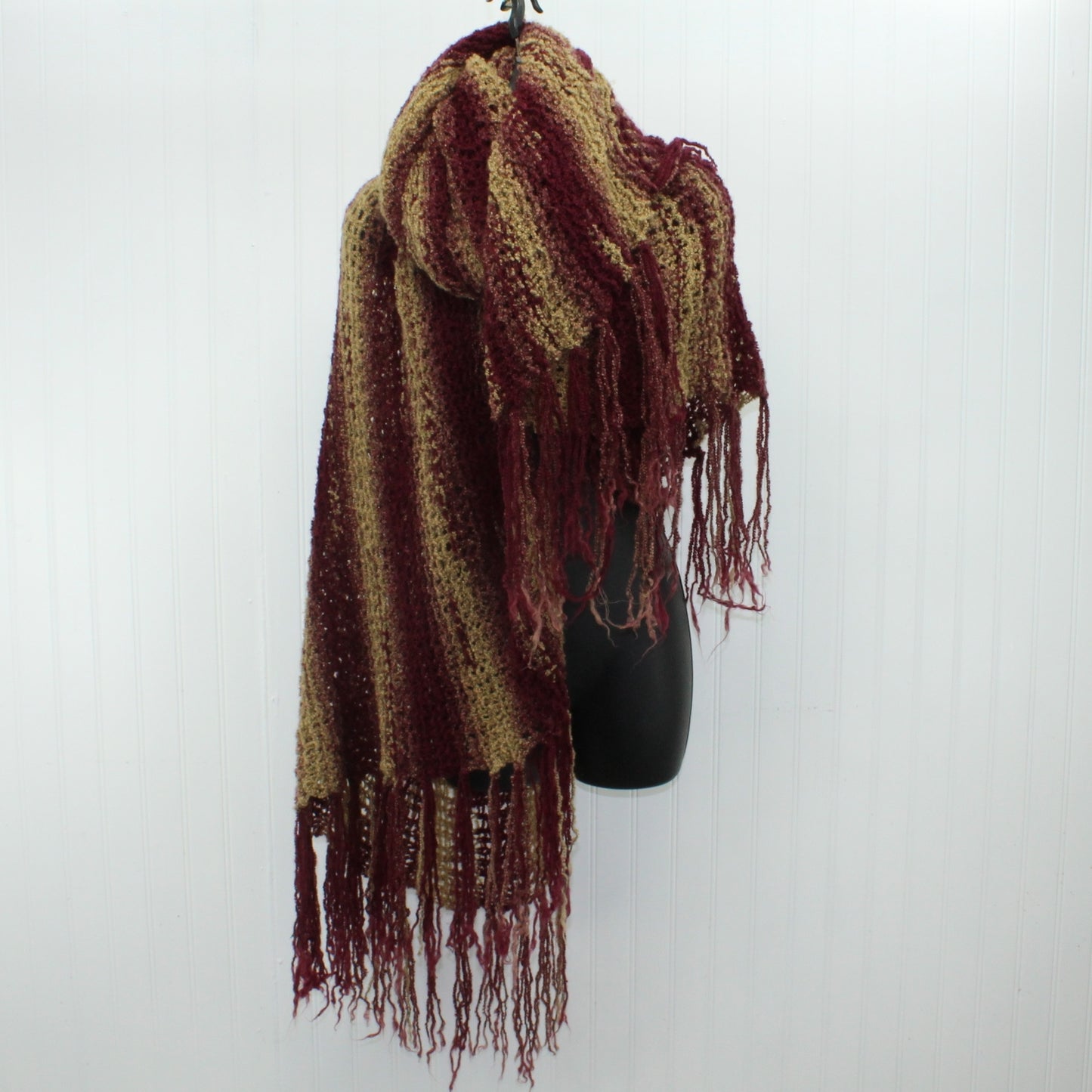 Hand Made Chenille Shawl Scarf Long Lacy Suit Coat Wrap Burgundy Camel Fringe wrap all ways