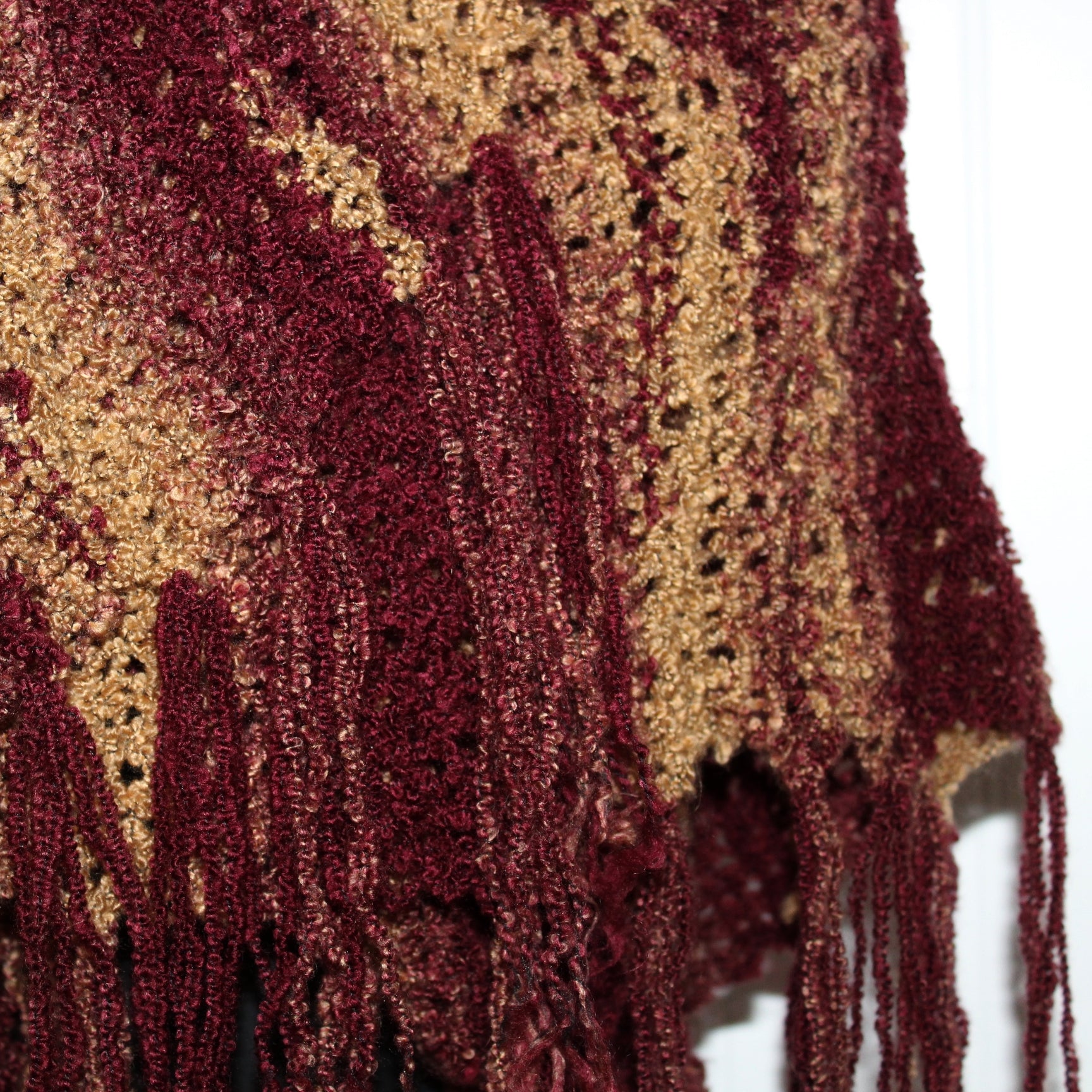 Hand Made Chenille Shawl Scarf Long Lacy Suit Coat Wrap Burgundy Camel Fringe closeup of chenille