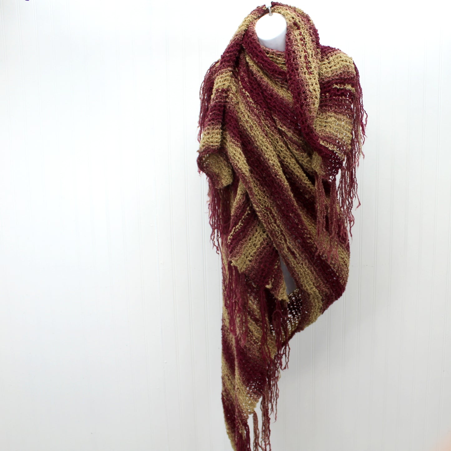 Hand Made Chenille Shawl Scarf Long Lacy Suit Coat Wrap Burgundy Camel Fringe full body or torso wrap