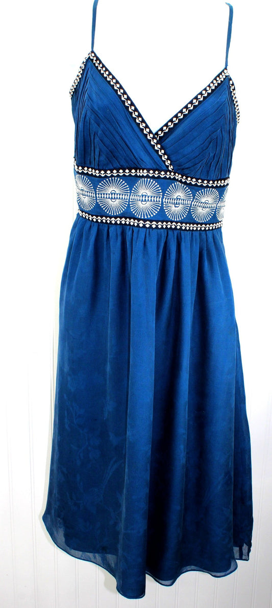 Shanghai Tang Silk Party Dress Blue with White Embroidery US10 Tag
