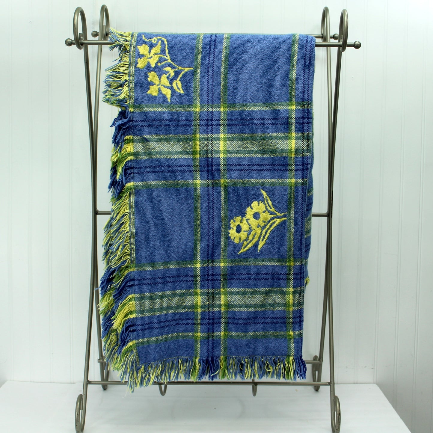 Cotton Throw Blanket Yellow Periwinkle Blue Plaid Squares Wildflowers horizontal view 1/4