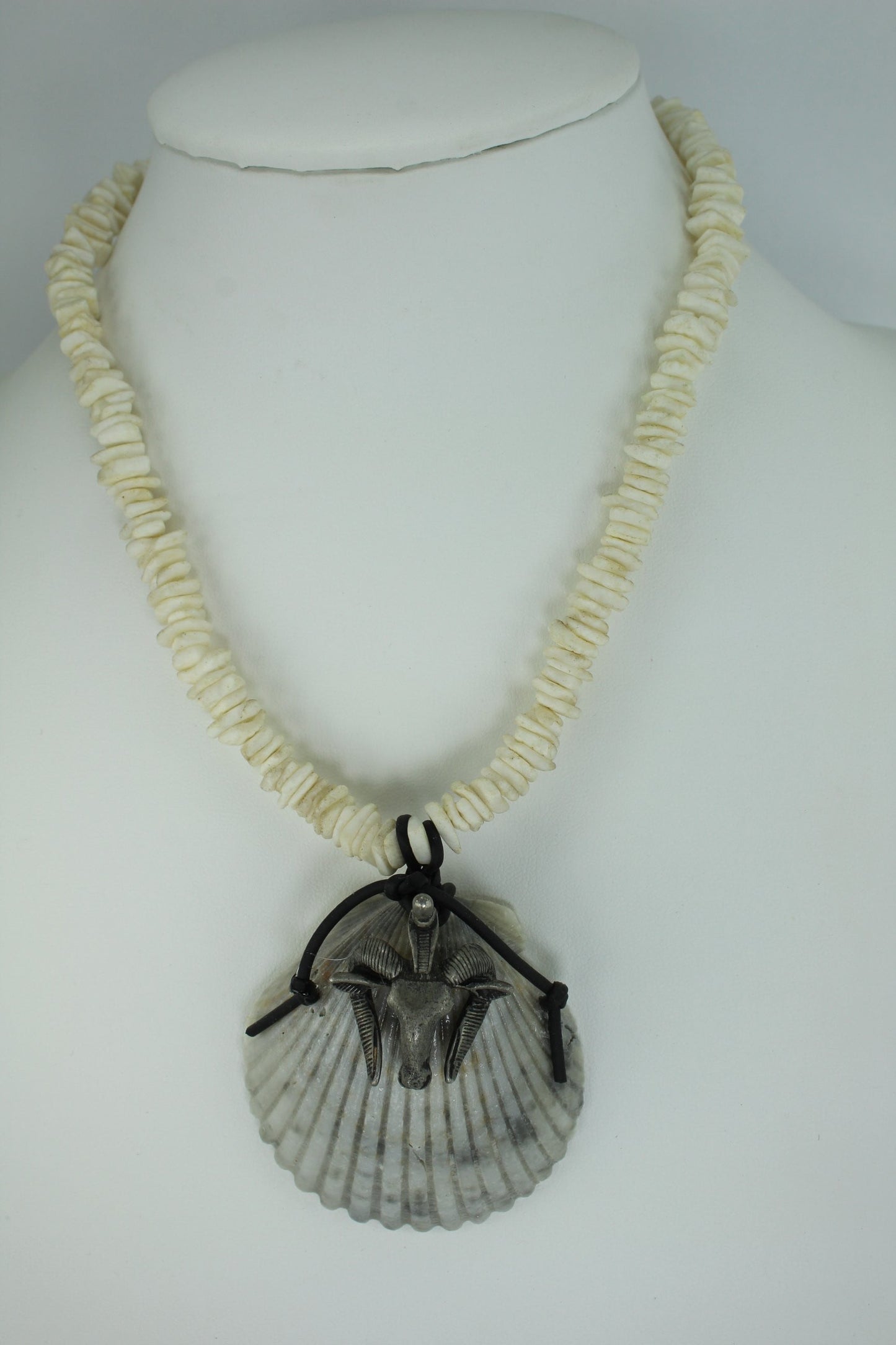 Natural Shell Necklace Unique Grey Scallop Pewter Long Horn Sheep Heishi Chain Masculine