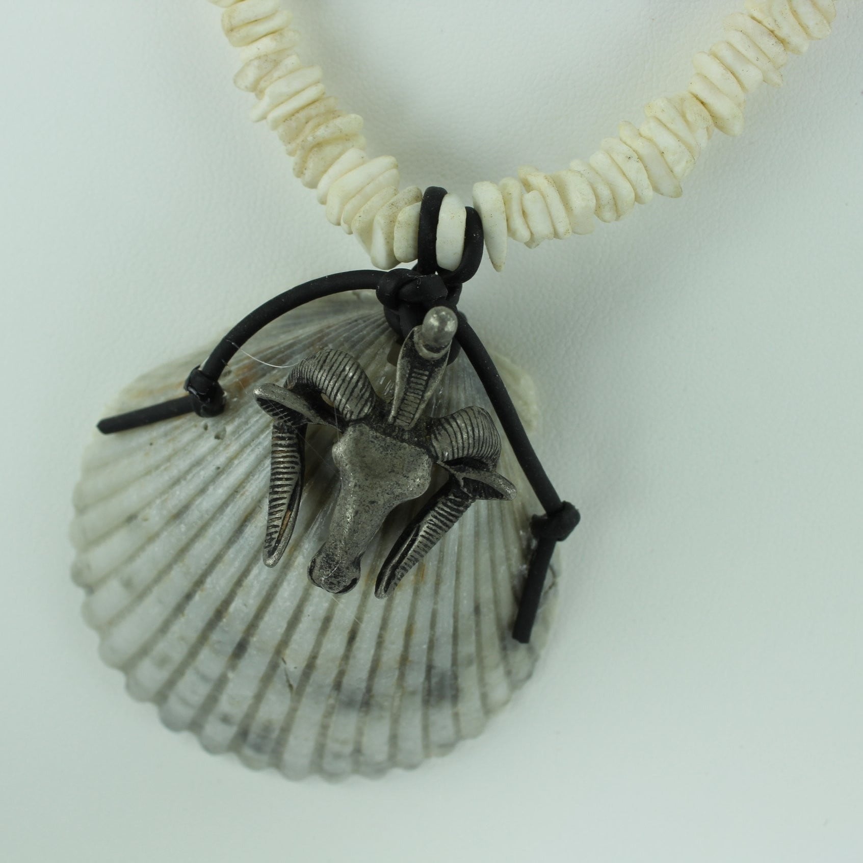 Natural Shell Necklace Unique Grey Scallop Pewter Long Horn Sheep Heishi Chain Masculine all gender