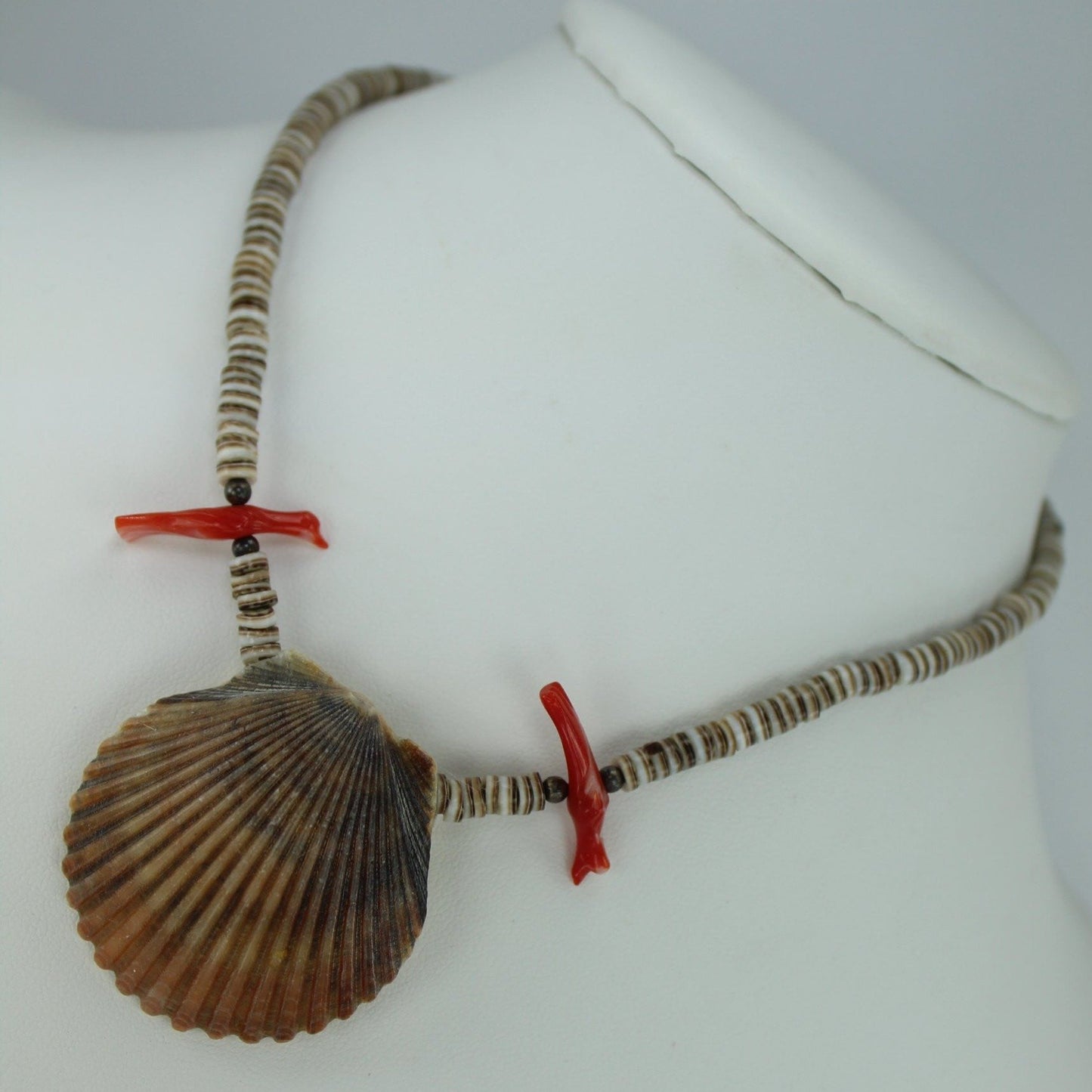 Patzi Design Scallop Shell Necklace - Brown Heishi Coral Birds - 15 1/2" - Olde Kitchen & Home