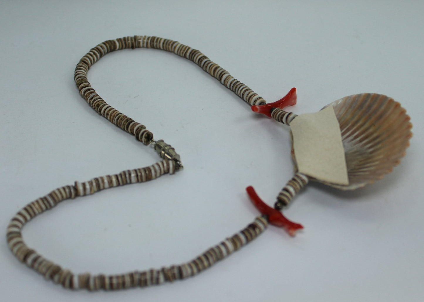 Scallop Shell Necklace Brown Heishi Coral Birds Southwest 15 1/2" Organic Natural gulf mexico