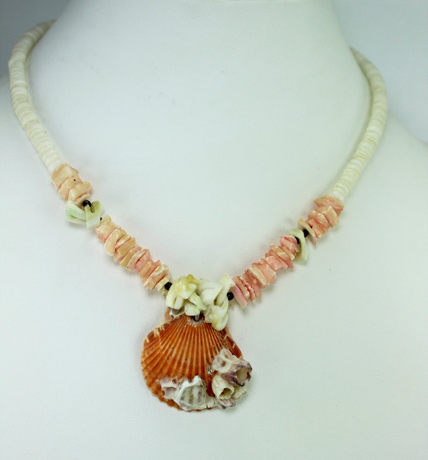 Heishi Shell Necklace Orange Sherbet Natural Scallop White Heishi 16" Sustainable gulf mexico