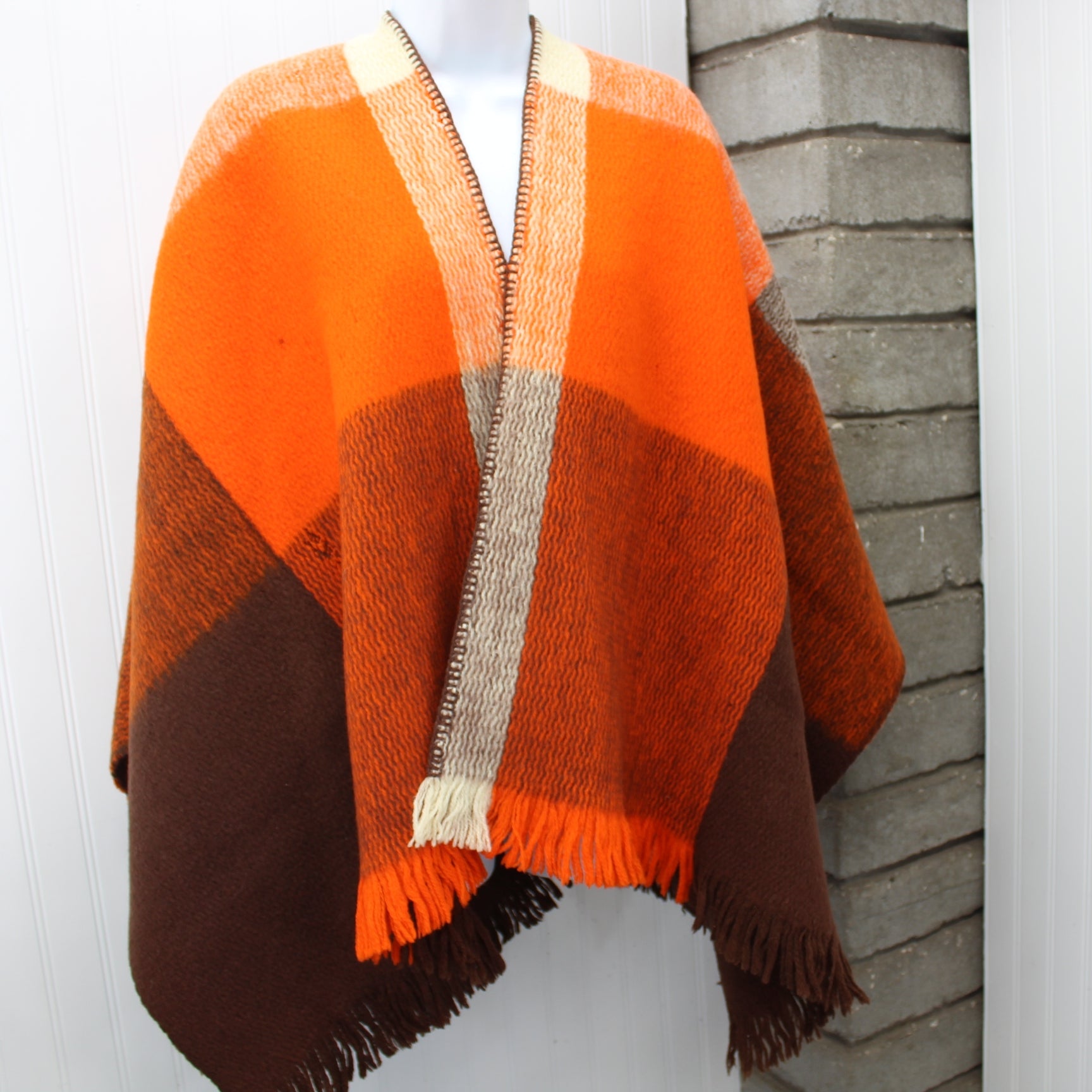 Ruana Shawl Andes Style Wool Orange Cream Brown Usable or Cutter