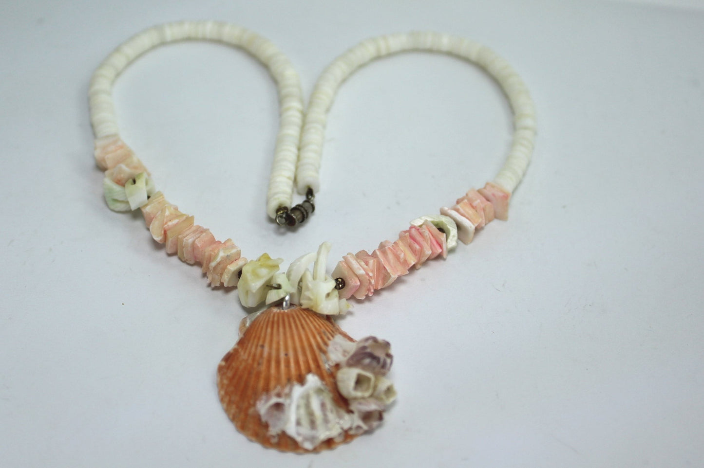 Heishi Shell Necklace Orange Sherbet Natural Scallop White Heishi 16" Sustainable tropical