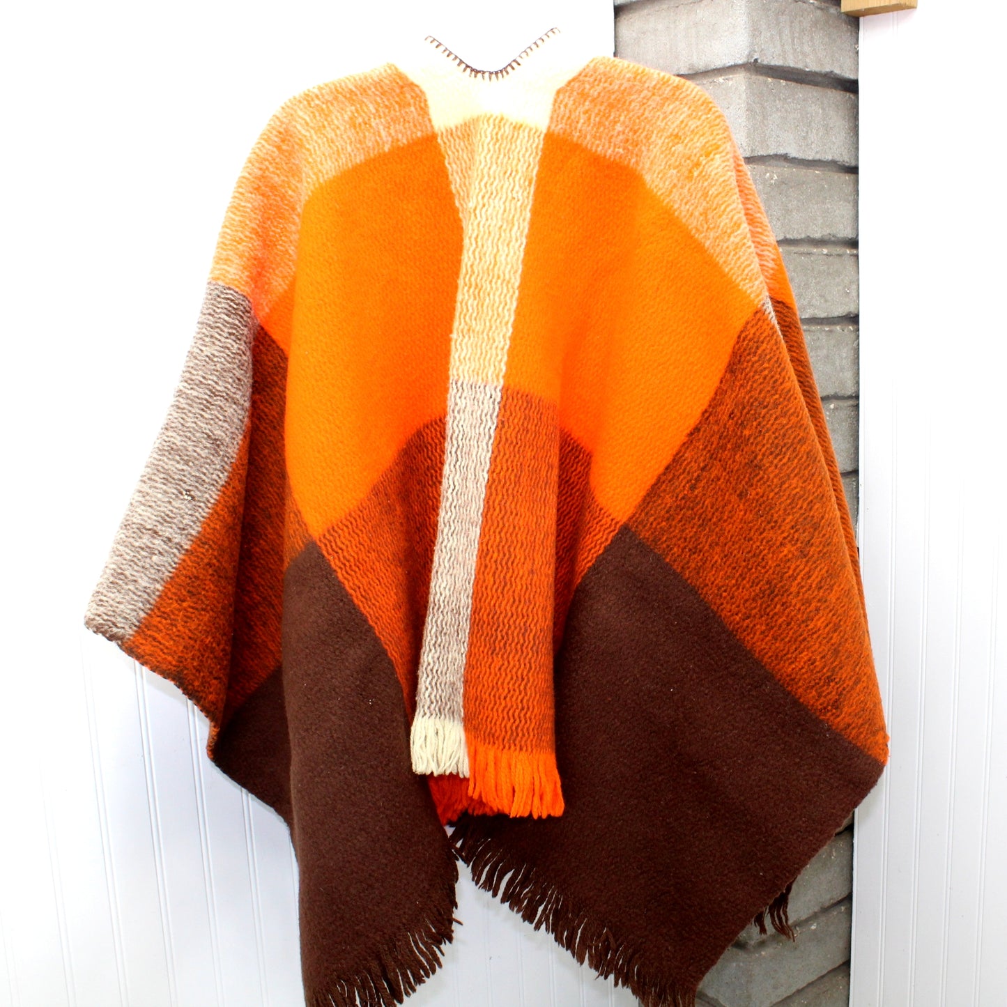 Ruana Shawl Andes Style Wool Orange Cream Brown Usable or Cutter back view ruana