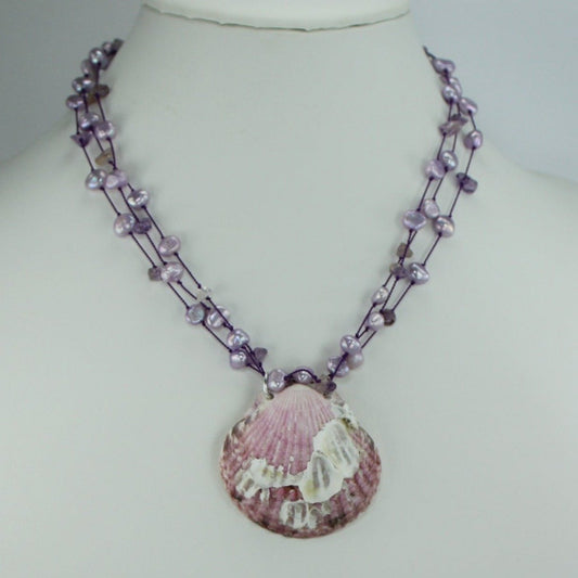 Shell Necklace Purple Scallop Barnacles Beads 17" Organic Natural florida